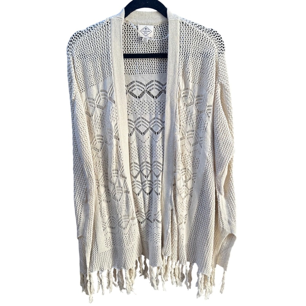 St Johns Bay Womens 2X Cream Pointelle Crochet Knit Fringe Open Front Cardigan